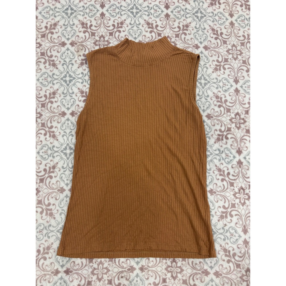 Rachel Zoe Womens Cognac Brown Ribbed Mock Neck Sleeveless Top Size L